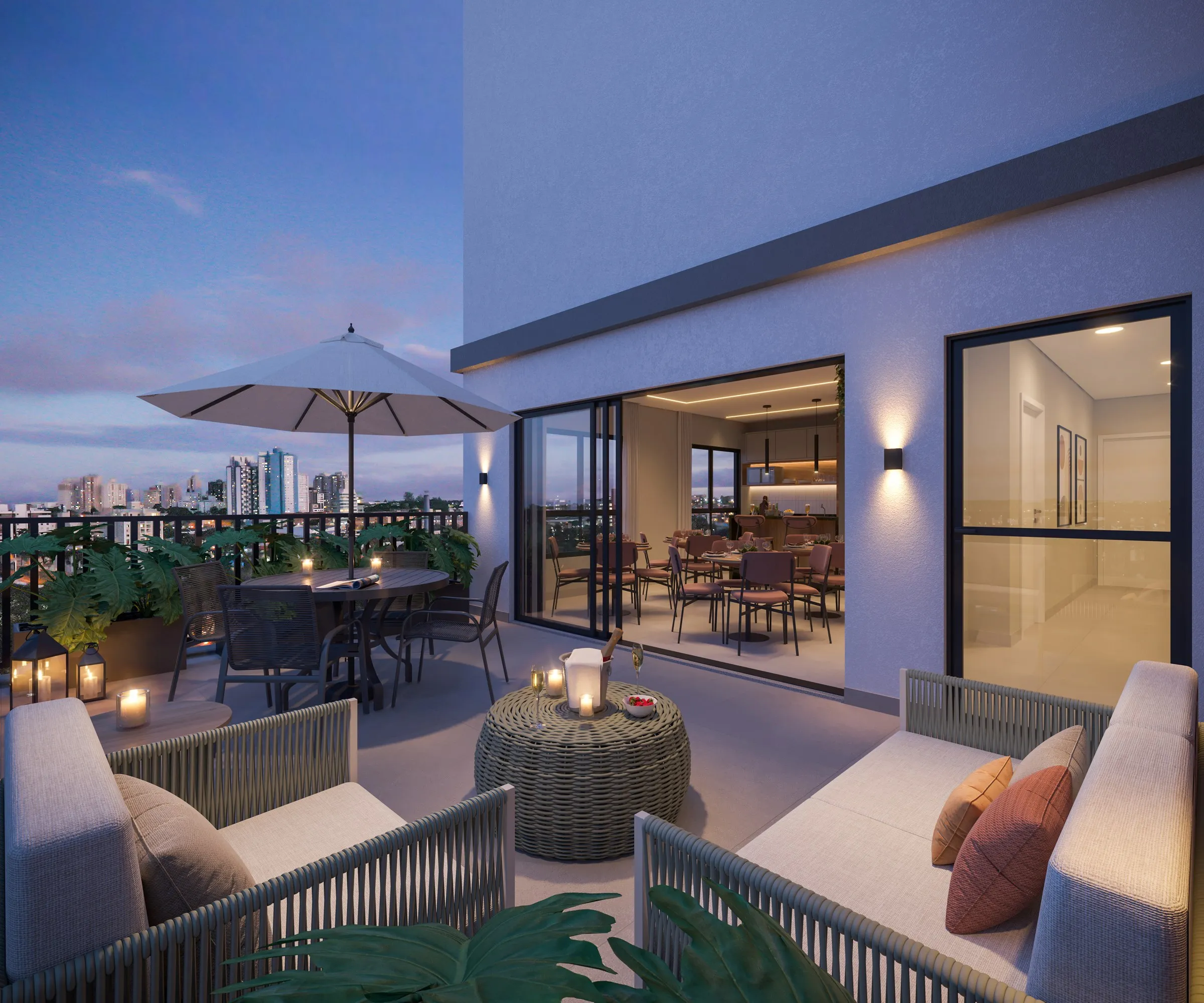 Terraço do Visconti 2150 com área de convivência e vista da cidade